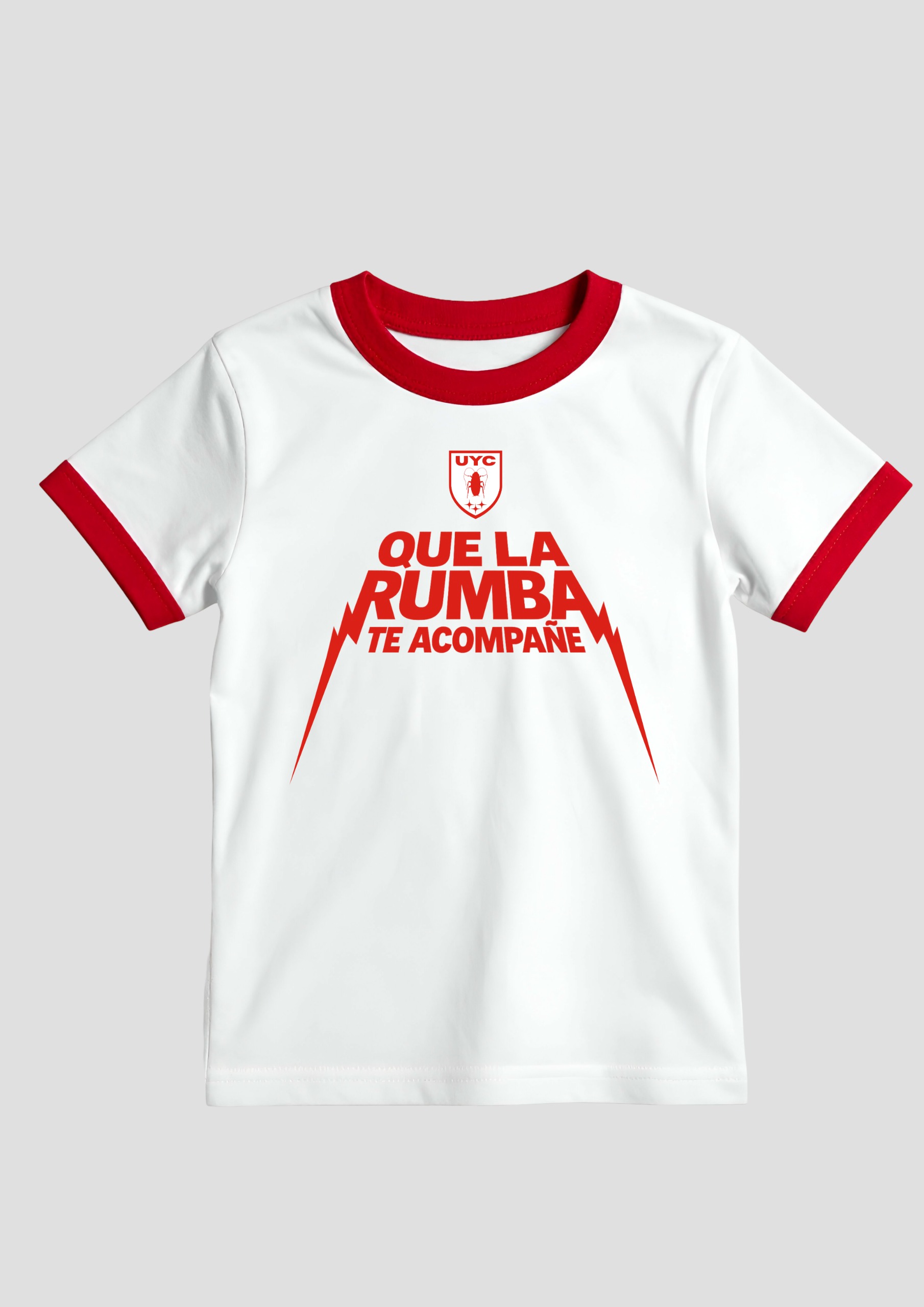 Camiseta algodón blanca «Que la Rumba te acompañe»